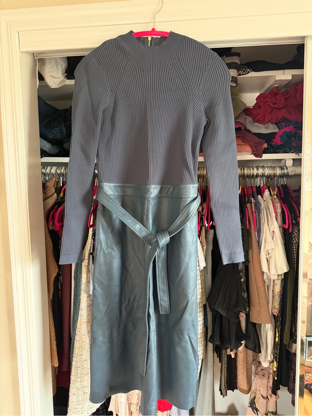 Ted Baker Slate Blue Ribbed Knit & Faux Leather Midi Dress